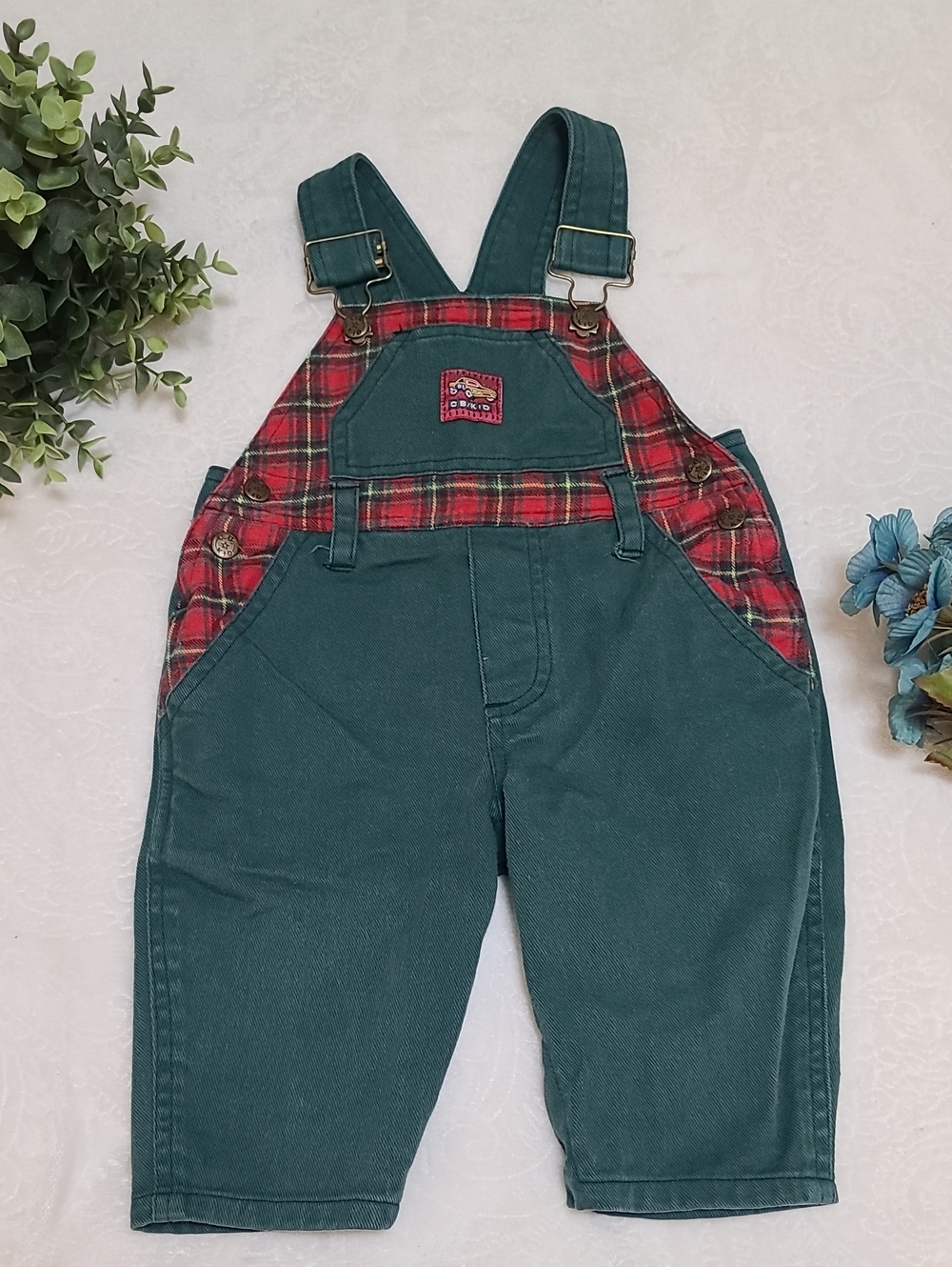 Vintage 90's Y2K CB Kid Forest Green Red Plaid Overalls 12 Months 100% Cotton